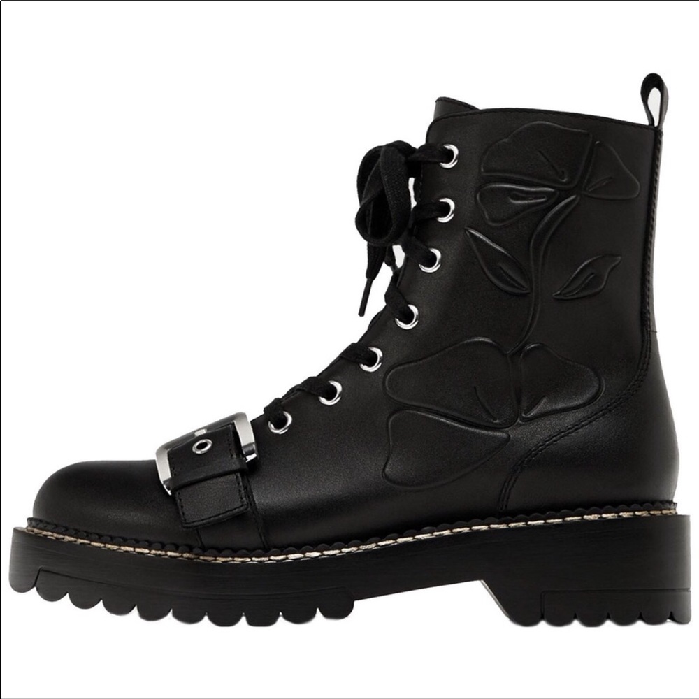 Zara Black Leather Embossed Military Style Boots size 6.5 or 37